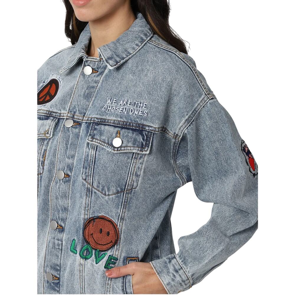 Forever 21 Embroidered Denim Jacket, Ron Bass Patches, Freedom, Peace, Size 3XL - Picture 4 of 13